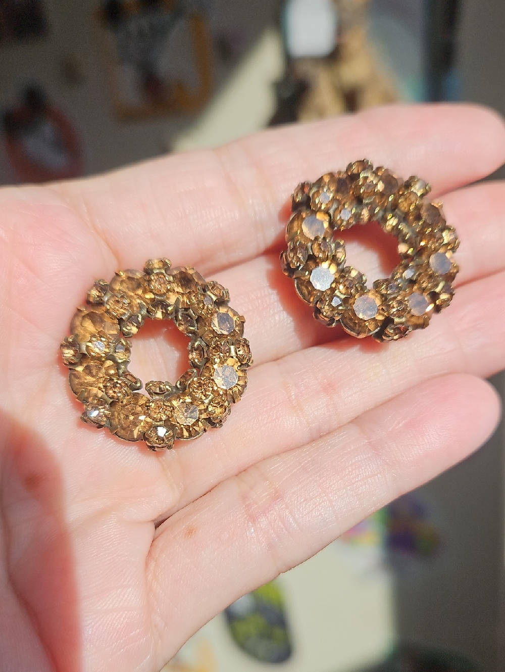 Vintage Topaz Amber Colored Rhinestones Wreath Laurel Design Earrings STUNNING! - Picture 1 of 7